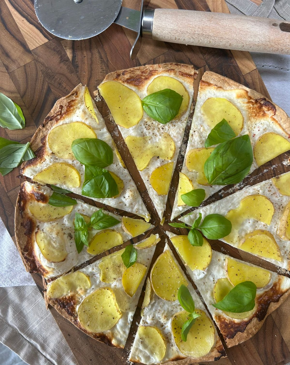 Tortilla Pizza with Potatoes and Feta Cream