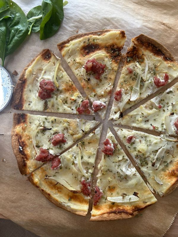 Tortilla Pizza with Salsiccia and Onions