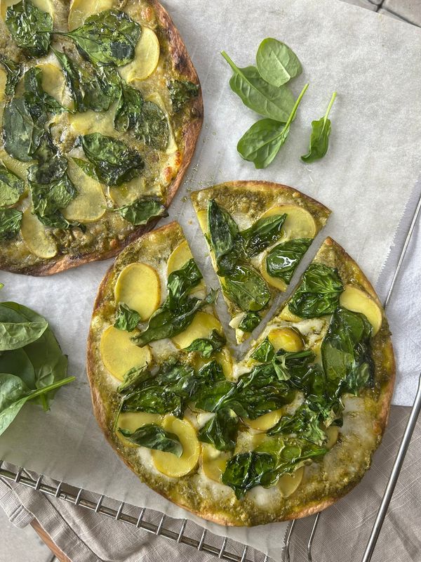 Tortilla Pizza with Spinach and Potatoes
